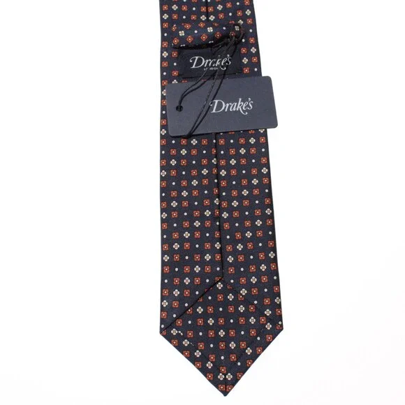 Drake's NWT Neck Tie in Navy w/ Orange/White/Yellow Geometric Pattern 100% Silk